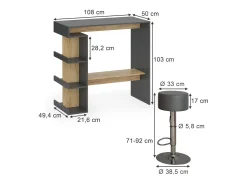Vicco Móvel De Bar*Conjunto de mesa de bar carvalho antracite/goldkraft 108x50x103 dana Cinza antracite