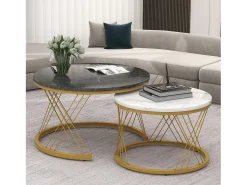 Best Conjunto de mesas de centro empilháveis em madeira - folheado com efeito mármore branco e metal dourado - MDF - para sala de estar - cinza e branco Mesa De Centro