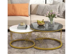 Best Conjunto de mesas de centro empilháveis em madeira - folheado com efeito mármore branco e metal dourado - MDF - para sala de estar - cinza e branco Mesa De Centro