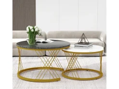 Best Conjunto de mesas de centro empilháveis em madeira - folheado com efeito mármore branco e metal dourado - MDF - para sala de estar - cinza e branco Mesa De Centro