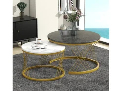 Best Conjunto de mesas de centro empilháveis em madeira - folheado com efeito mármore branco e metal dourado - MDF - para sala de estar - cinza e branco Mesa De Centro