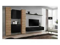 Conjunto de móveis de design para sala de estar SWITCH VI. Cores carvalho e preto com acabamento em carvalho fresado e preto brilhante.*Price Factory Sale