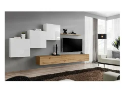 Conjunto de móveis de parede para sala de estar SWITCH X design, nas cores carvalho Wotan e branco brilhante.^Price Factory Online