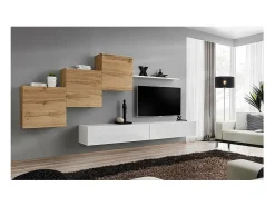 Conjunto de móveis de parede para sala de estar SWITCH X design, cor branca brilhante e carvalho Wotan.^Price Factory Sale