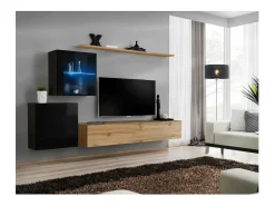 Conjunto de móveis de parede para sala de estar SWITCH XV design, cor carvalho Wotan e preto brilhante.^Price Factory Best