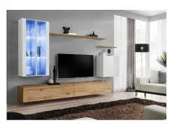 Conjunto de móveis de parede para sala de estar SWITCH XII design, cor carvalho Wotan e branco brilhante.*Price Factory Online