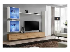 Conjunto de móveis de parede para sala de estar SWITCH XVIII design, cores carvalho Wotan e branco brilhante.*Price Factory Outlet