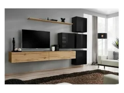Conjunto de móveis de parede para sala de estar SWITCH IX design, cor carvalho Wotan e preto brilhante.^Price Factory