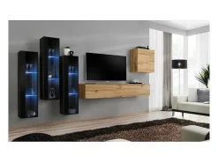 Conjunto de móveis de parede para sala de estar SWITCH XIII, design, cor carvalho Wotan e preto.^Price Factory New