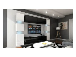Conjunto de móveis de sala de estar suspensos, meio preto, lado , coleção CEPTO XIV. 256cm, 10 móveis, com LEDs.*Price Factory Discount