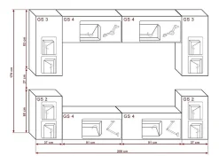 Conjunto de móveis de sala de estar s suspensos coleção CEPTO I 256cm, 8 portas, 6 prateleiras, leds, modulares.^Price Factory