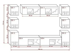 Conjunto de móveis de sala suspenso, parte superior preta, parte inferior branca, coleção CEPTO XIV. 256cm, 10 móveis, leds.^Price Factory