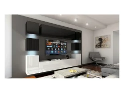 Conjunto de móveis de sala suspenso, parte superior preta, parte inferior branca, coleção CEPTO XIV. 256cm, 10 móveis, leds.^Price Factory