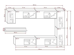 Conjunto de móveis de sala de estar s suspensos coleção CEPTO VI 256cm, com 7 portas, 6 prateleiras incluindo uma de parede, leds, modulares. Móvel De Tv
