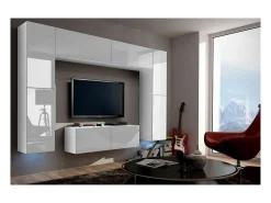 Conjunto de móveis de sala de estar s suspensos coleção CEPTO III 256cm, 8 portas, 8 prateleiras, leds, modulares.^Price Factory Online