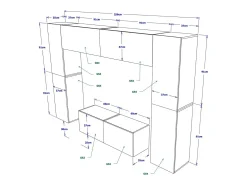Conjunto de móveis de sala de estar s suspensos coleção CEPTO III 256cm, 8 portas, 8 prateleiras, leds, modulares.^Price Factory Online