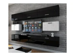 Sale Conjunto de móveis de sala de estar e branco suspensos coleção CEPTO VII 249cm, 8 portas, modulares. Móvel De Tv