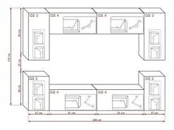 Conjunto de móveis de sala de estar s suspensos coleção CEPTO I 256cm, 8 portas, 6 prateleiras, leds, modulares.^Price Factory