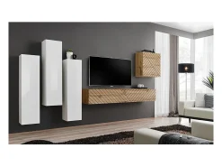 Conjunto de móveis para sala de estar SWITCH III design, cores carvalho e branco. Acabamentos em efeito carvalho fresado e brilhante.^Price Factory Best