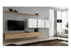 Conjunto de móveis para sala de estar da coleção SWITCH VII, cor carvalho com acabamentos fresados e branco brilhante.*Price Factory Hot