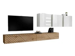 Conjunto de móveis para sala de estar da coleção SWITCH VII, cor carvalho com acabamentos fresados e branco brilhante.*Price Factory Hot