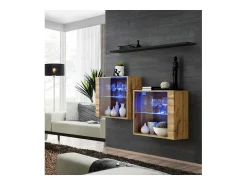 Conjunto de móveis para sala de estar SWITCH SBIII, cor carvalho Wotan e porta de vidro com sistema LED integrado, prateleira preta.^Price Factory Best