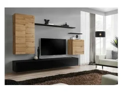 Conjunto de móveis para sala de estar coleção SWITCH II, design, cor carvalho e preto brilhante.^Price Factory Online