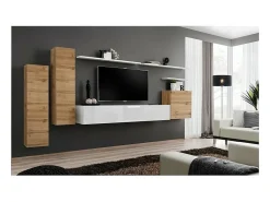 Conjunto de móveis para sala de estar da coleção SWITCH I, design, cores carvalho e branco brilhante.^Price Factory