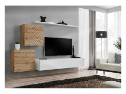 Conjunto de móveis para sala de estar SWITCH V, cores carvalho e branco com acabamentos em carvalho fresado e branco brilhante.*Price Factory Best