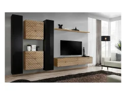 Conjunto de móveis para sala de estar SWITCH VI. Cores e carvalho com acabamento brilhante e efeito de carvalho fresado.^Price Factory Outlet