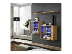 Sale Conjunto de móveis para sala de estar SWITCH SBIII design, cor carvalho Wotan e porta de vidro com sistema LED integrado. Prateleira