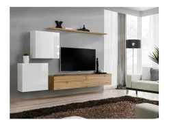 Clearance Conjunto de móveis suspensos para sua sala de estar da coleção SWITCH V. Cores carvalho Wotan e branco brilhante. Móvel De Tv