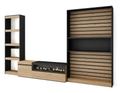 Skraut Home Móvel De Tv*Conjunto de móveis TV, 320x35x186cm, Lareira eléctrica, Carvahlo e preto Natural claro