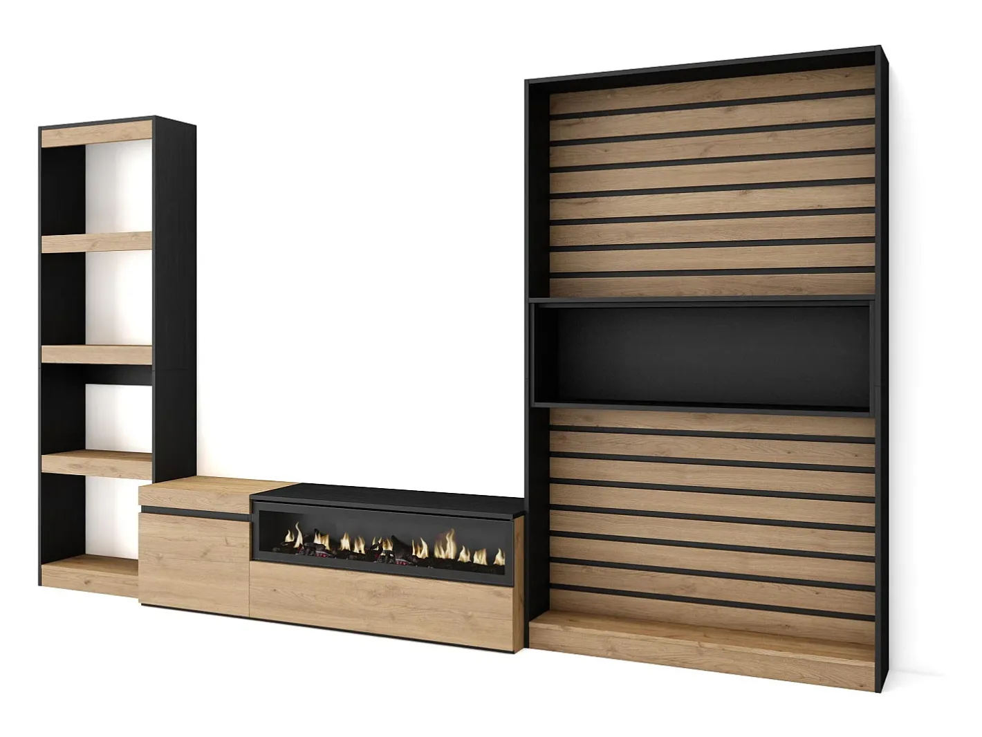 Skraut Home Móvel De Tv*Conjunto de móveis TV, 320x35x186cm, Lareira eléctrica, Carvahlo e preto Natural claro