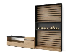 Skraut Home Móvel De Tv*Conjunto de móveis TV, 260x35x186cm, Para televisores até 65", Lareira eléctrica, Carvahlo e preto Natural claro