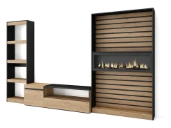 Skraut Home Móvel De Tv*Conjunto de móveis TV, 320x35x186cm, Lareira eléctrica, Carvahlo e preto Natural claro
