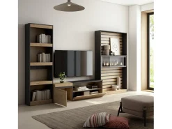 Skraut Home Móvel De Tv*Conjunto de móveis TV, 320x35x186cm, Lareira eléctrica, Carvahlo e preto Natural claro