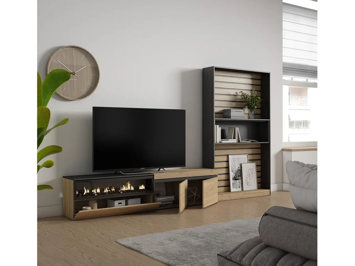 Skraut Home Móvel De Tv*Conjunto de móveis TV, 310x35x186cm, Para televisores até 80", Lareira eléctrica, Carvahlo e preto Natural claro