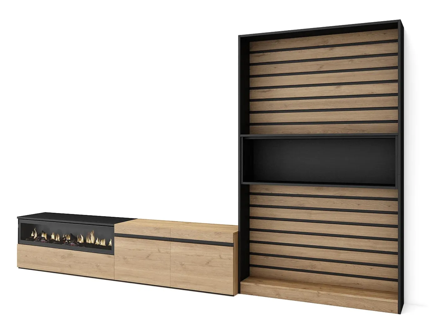 Skraut Home Móvel De Tv*Conjunto de móveis TV, 310x35x186cm, Para televisores até 80", Lareira eléctrica, Carvahlo e preto Natural claro
