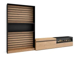 Skraut Home Móvel De Tv*Conjunto de móveis TV, 310x35x186cm, Para televisores até 80", Lareira eléctrica, Carvahlo e preto Natural claro