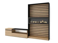 Skraut Home Móvel De Tv*Conjunto de móveis TV, 260x35x186cm, Para televisores até 65", Lareira eléctrica, Carvahlo e preto Natural claro