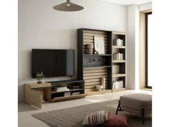 Skraut Home Móvel De Tv*Conjunto de móveis TV, 320x35x186cm, Estante para TV, Carvahlo e preto Natural claro