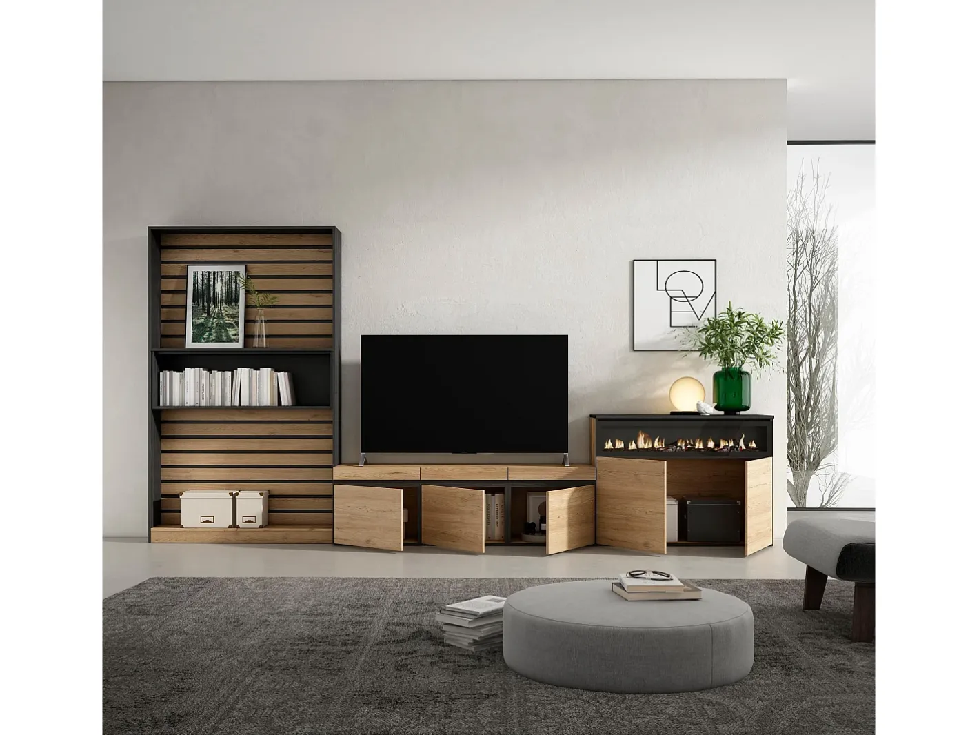 Skraut Home Móvel De Tv*Conjunto de móveis TV, 360x35x186cm, Para televisores até 65", Lareira eléctrica, Carvahlo e preto Natural claro