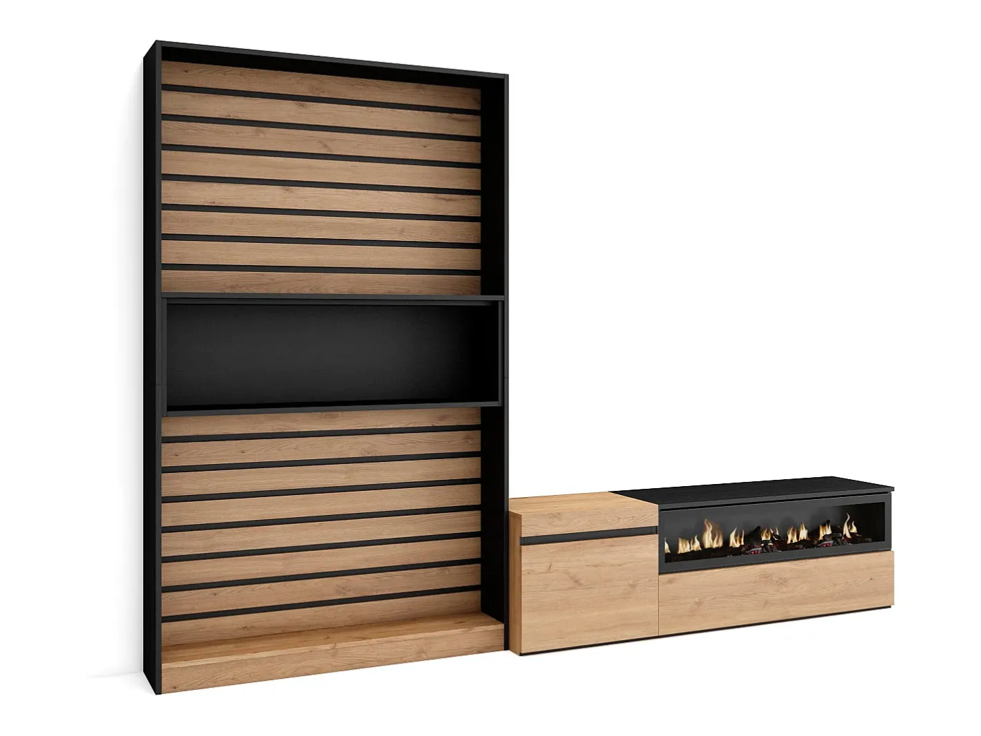 Outlet Conjunto de móveis TV, 260x35x186cm, Para televisores até 65", Lareira eléctrica, Carvahlo e preto Móvel De Tv