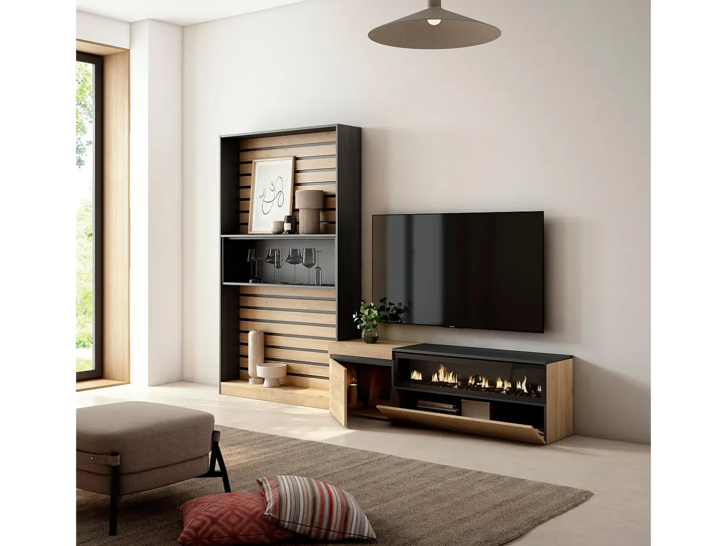 Outlet Conjunto de móveis TV, 260x35x186cm, Para televisores até 65", Lareira eléctrica, Carvahlo e preto Móvel De Tv