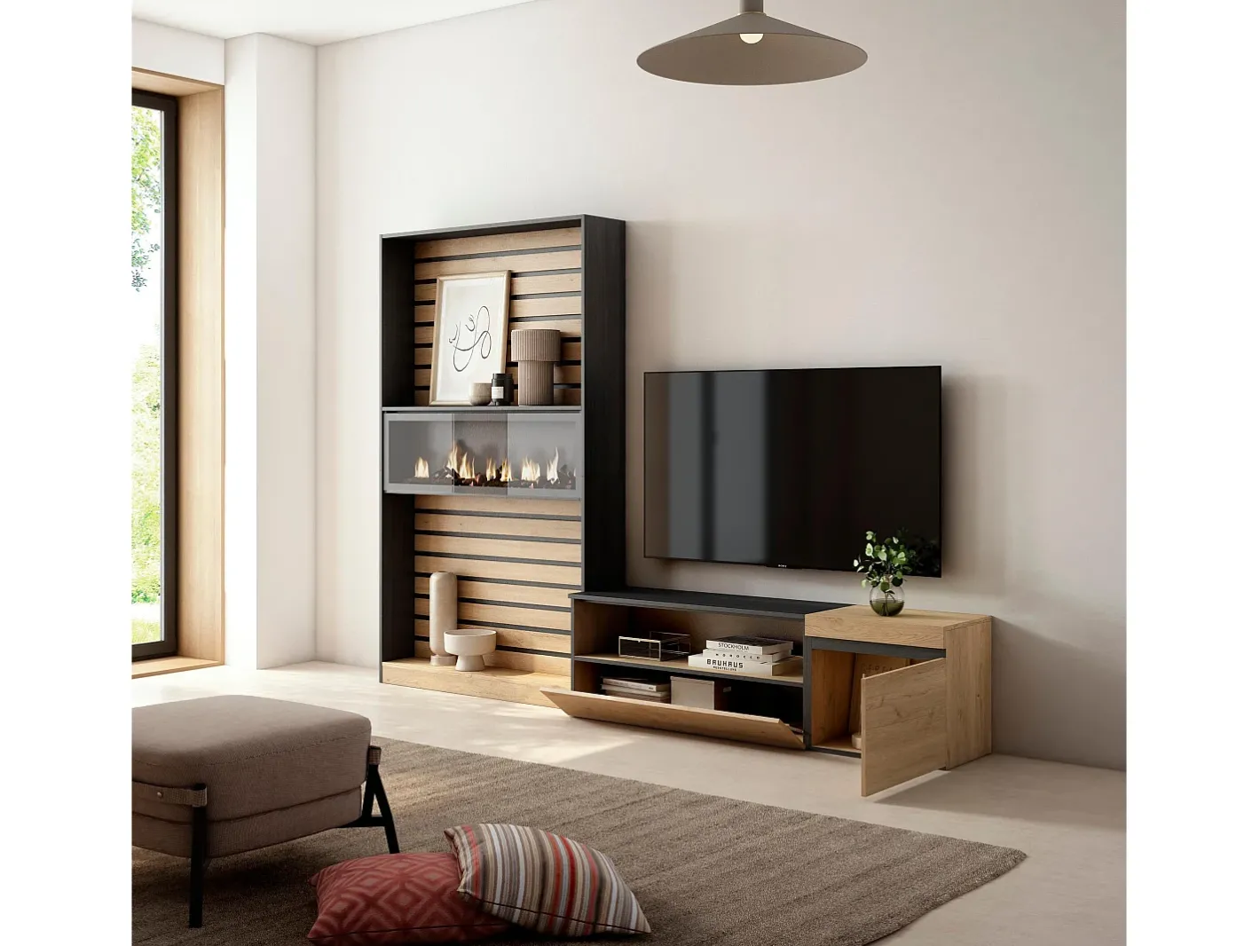 Best Conjunto de móveis TV, 260x35x186cm, Para televisores até 65", Lareira eléctrica, Carvahlo e preto Móvel De Tv