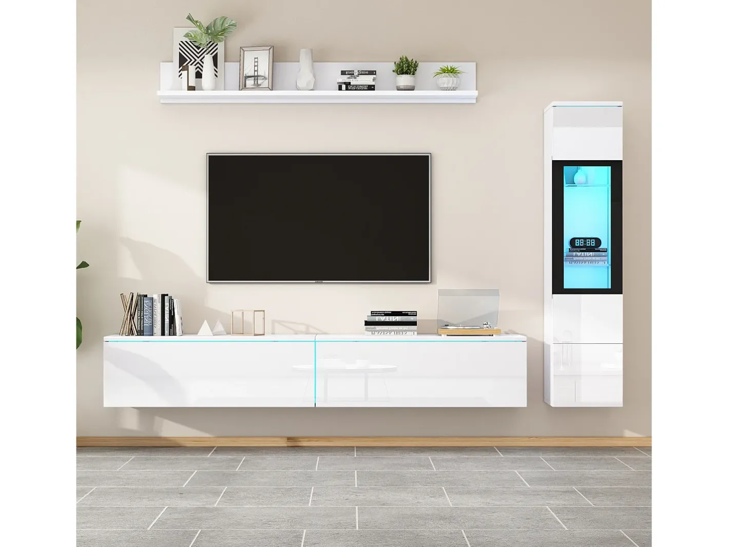Clearance Conjunto de móvel de TV 3 peças - Móvel de TV + vitrina de parede + prateleira de parede - con iluminação LED - Móvel De Tv