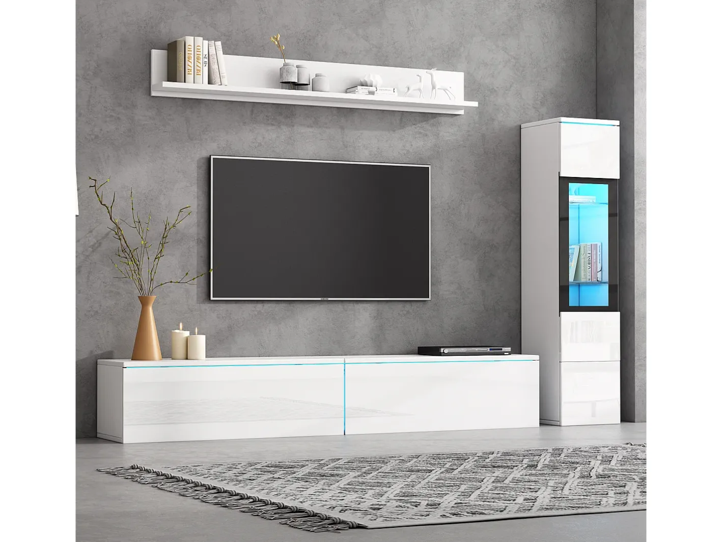 Clearance Conjunto de móvel de TV 3 peças - Móvel de TV + vitrina de parede + prateleira de parede - con iluminação LED - Móvel De Tv