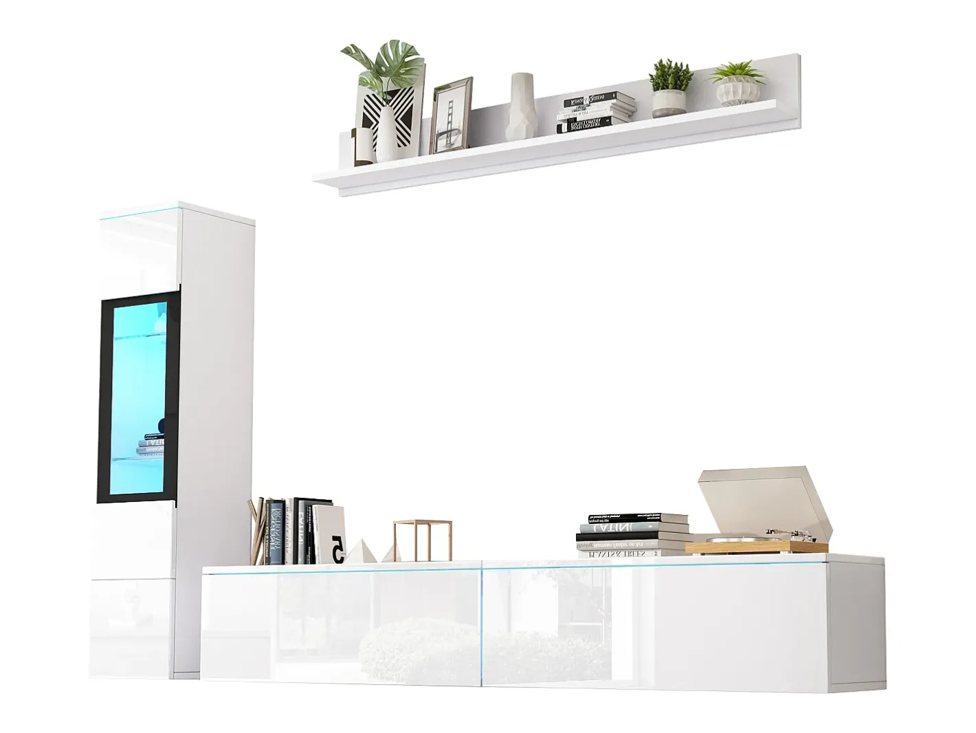 Clearance Conjunto de móvel de TV 3 peças - Móvel de TV + vitrina de parede + prateleira de parede - con iluminação LED - Móvel De Tv