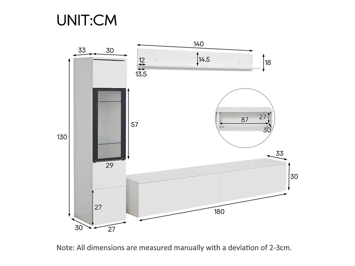 Clearance Conjunto de móvel de TV 3 peças - Móvel de TV + vitrina de parede + prateleira de parede - con iluminação LED - Móvel De Tv